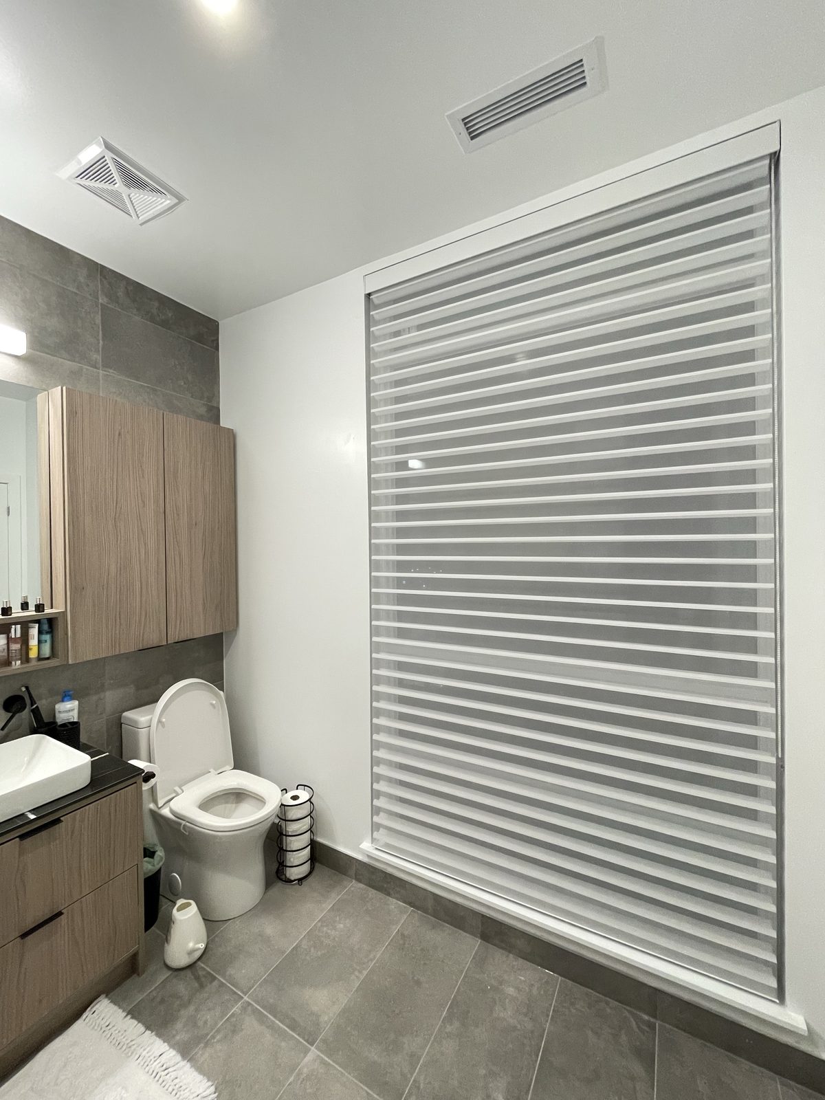 Bathroom with a full-height sheer-vane silhouette shade beside the vanity