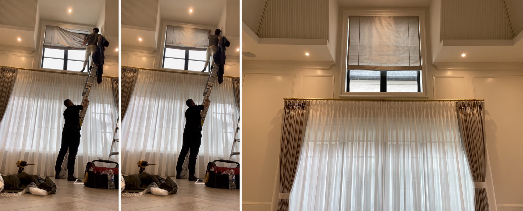 Three-panel collage of installers fitting a Roman shade above sheer drapery, with the finished window last