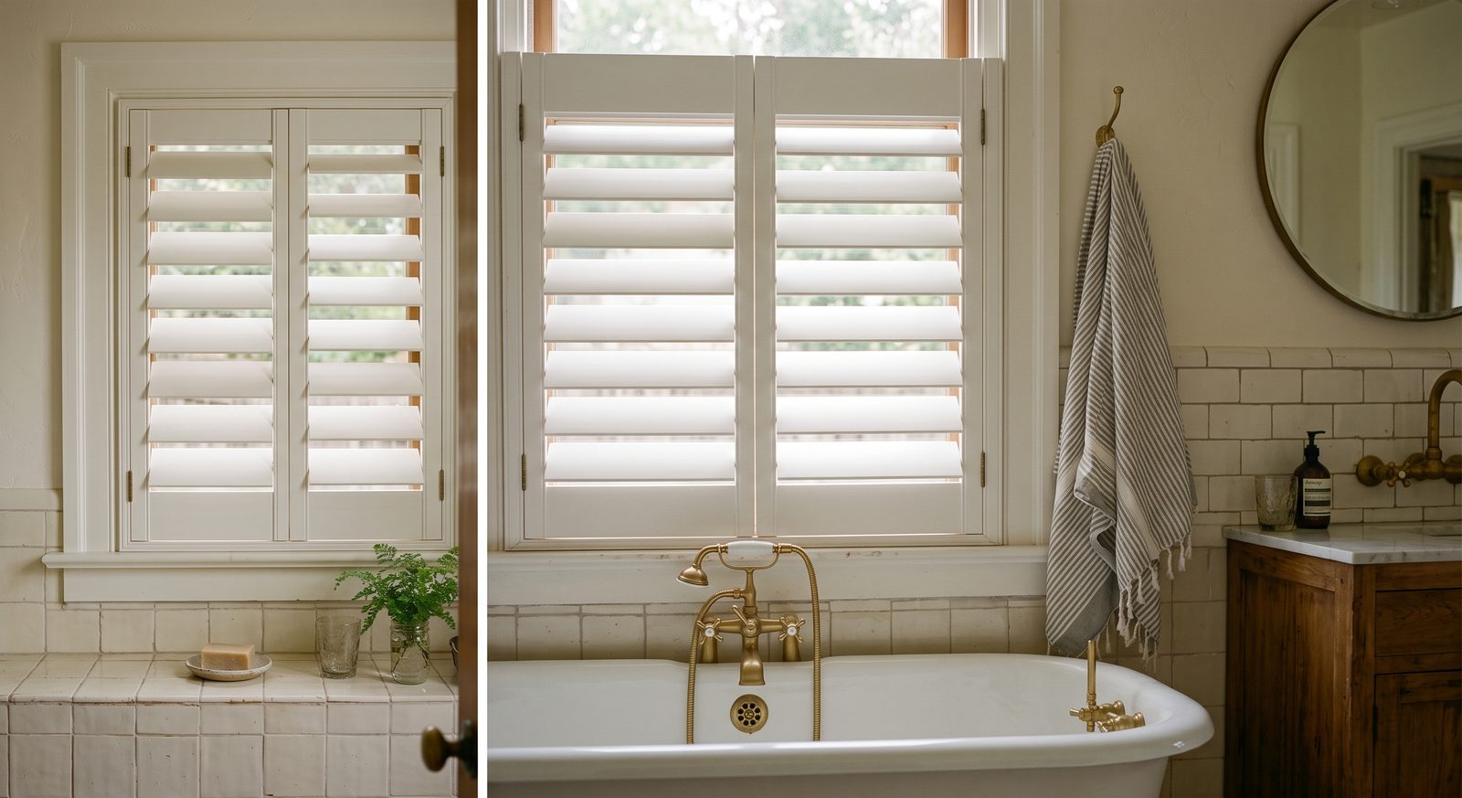 Two views of bathroom windows fitted with white plantation shutters