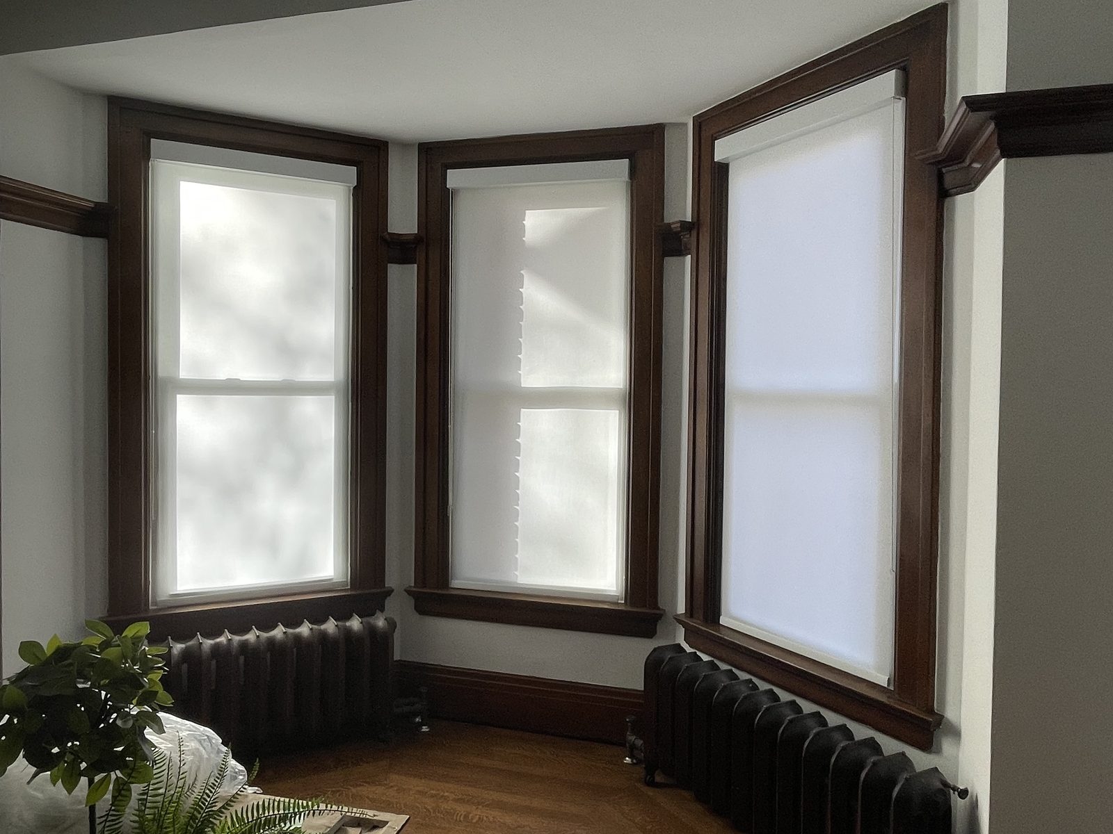 Bay of three windows with white light-filtering roller shades inside dark wood frames